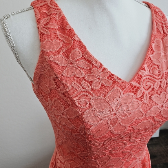 NWOT Meetjen Women's Vintage Floral Lace Asymmetrical Hem Coral Cocktail Dress - Picture 4 of 12